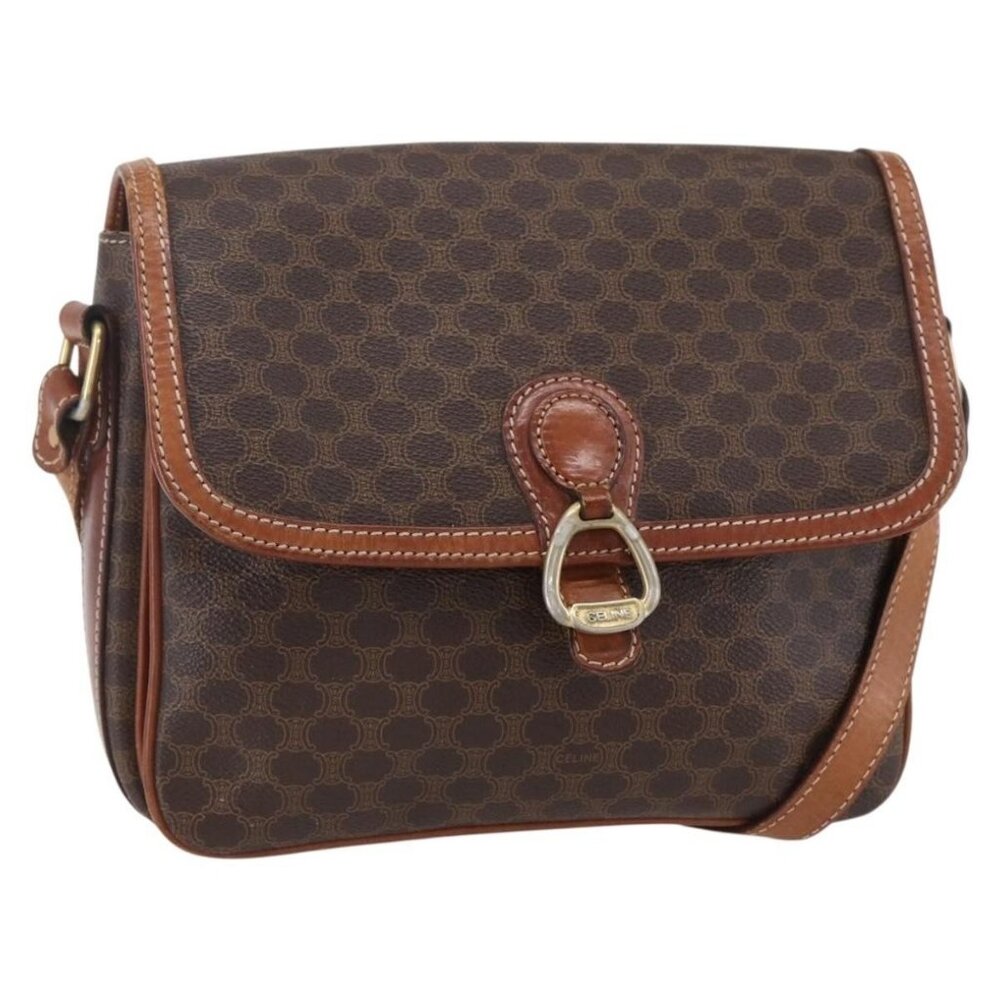 Authentic CELINE Macadam Canvas Shoulder Bag PVC Leather Brown Gold
